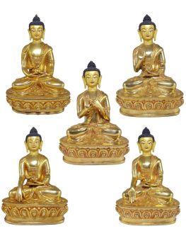 Statue of Pancha Buddha,Five Dhyani Buddha Set Full Fire Gold Plated with Painted Face