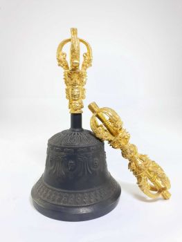 HQ Bronze Bell and Dorje Vajra, Gold Plated, Black Oxidized