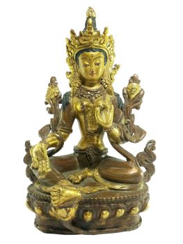  Old Stock Statue of Green Tara Partly Gold Plated , Painted Face, Last Piece 