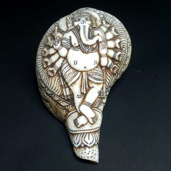 Tibetan Conch Shell with 12 Arm Ganesh Hand Carved 