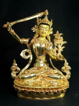 Statue of Manjushree Full Gold Plated , Painted Face