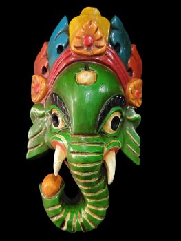 Handmade Wooden Mask Of Ganesh, Painted Green 