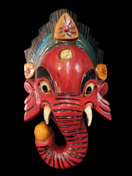 Handmade Wooden Mask Of Ganesh, Painted Red 