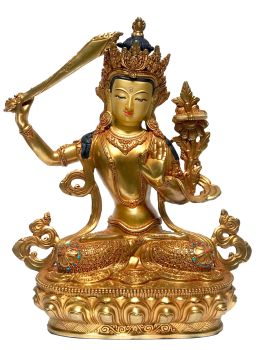 Monastery Quality Statue Of Manjushree, Fire Full Gold Plated , with Painted Face