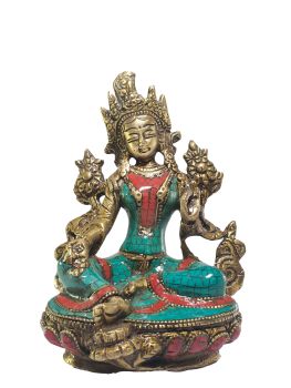 Statue of Green Tara with Real Stone Setting 