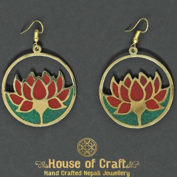 Hand-Made Light Weight Green and Red Stone filled Brass Lotus in a Circle Earring