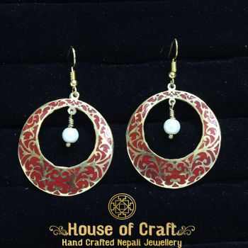 Hand-Made Brass Stone Filled Floral Design Between Round Cut Earring