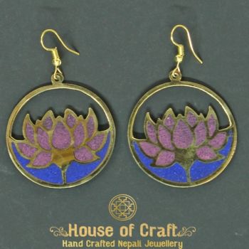 Light Weight Hand-Made Lapis and Purple Stone Filled Brass Lotus in a Circle Earring