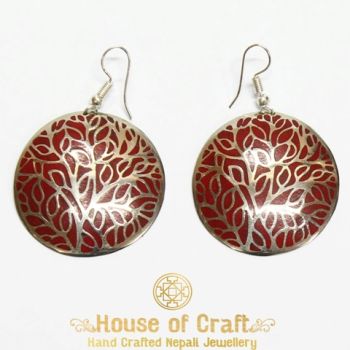 Light Weight Hand-Made White Metal Red Stone Filled Tree Branches in Circle Earring