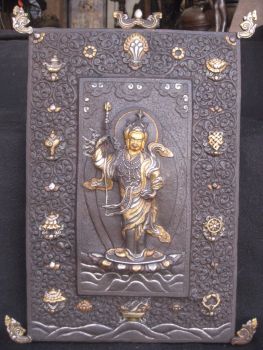 Antique Master Quality Respousse Iron Standing Guru Rinpoche Wall Hanging, Nepal