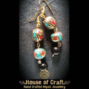 Hand-Made Light Weight Stone Filled Two Beads Brass Earring
