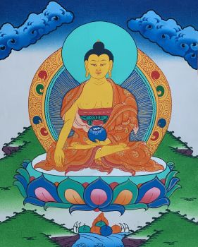 Hand-Painted Shakyamuni Buddha Tibetan Thangka Art on Canvas, 12 x 15 Inches