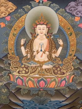 Hand-Painted Avalokiteswor Tibetan Thangka Art on Canvas, 10 x 12 Inches