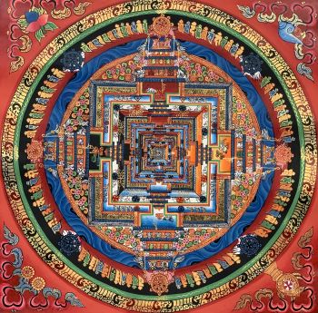 Hand-Painted Kalachakra Mandala Tibetan Thangka Art on Canvas, 12 x 12 Inches