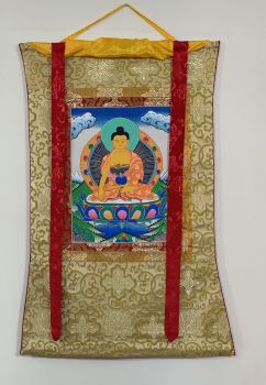 Hand-Painted Shakyamuni Buddha Tibetan Thangka Art in Silk Brocade 12x15 Inches (30x38 cm)