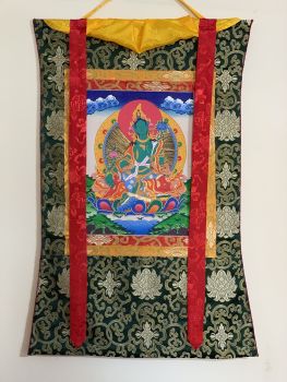 Hand-Painted Green Tara Tibetan Thangka Art in Silk Brocade