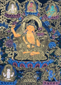 Hand-painted Manjusri, Manjushree, God of Wisdom Thangka, Art on Canvas, 17 x 24-Inch