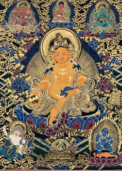 Hand-Painted Kubera Jambala God of Prosperity Thangka Art on Canvas, 17 x 24 Inches