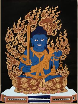 Hand-Painted Fudo-Myo-o Acala Mantra King Wisdom King Thangka Art on Canvas, 17 x 24 Inches