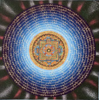 Hand-Painted Buddhist Om Mantra Mandala Thangka Painting, Art on Canvas 21 x  21Inches