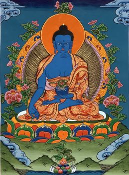 Hand-Painted Medicine Buddha Tibetan Thangka Art Painting 13 x 17 Inches