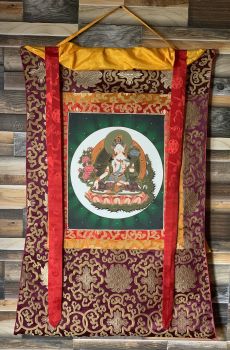 Hand-Painted White Tara Tibetan Thangka Art in Silk Brocade