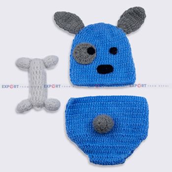 Azure Blue Woolen Dog Prop Set for Photoshoot with White Bone for New Born Baby