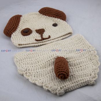 White & Brown Cotton Wool Baby Dog Prop Set for Photoshoot (1-2 years)