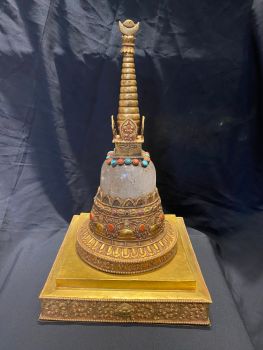 Handmade Crystal Stupa with Fire Gold Plated Copper & Stone Setting 