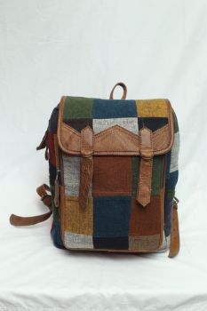 100% Cotton Linen & PU Leather Medium Sized Multicolor Backpack