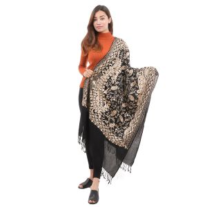 Black Cashmere Floral Work Shawl For Women