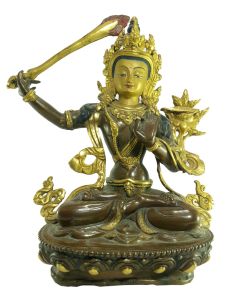 Old Stock Statue of Manjushree Partly Gold Plated , Painted Face, Last Piece 