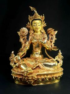 Statue of Green Tara Full Gold Plated , Painted Face
