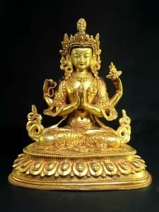 Statue of Chenrezig Full Gold Plated , Painted Face