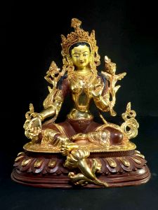 Statue of Green Tara, Partly Gold Plated , Painted Face 