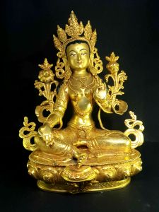 Statue of Green Tara , Full Fire Gold plated , Painted Face