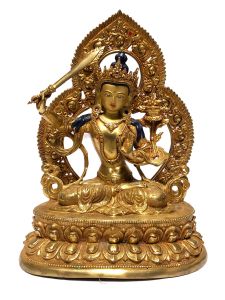  Monastery Quality Buddhist Statue of Manjushree Full Fire Gold plated , Painted Face 