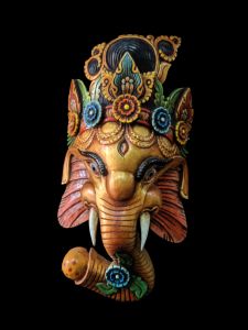 Handmade Wooden Mask Of Ganesh, Painted Golden 