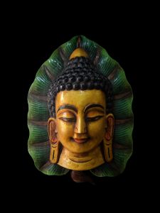 Handmade Wooden Mask Of Buddha, Painted Golden 