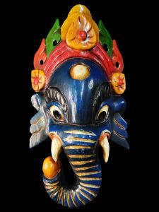 Handmade Wooden Mask Of Ganesh, Painted Dark Blue 