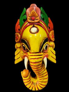 Handmade Wooden Mask Of Ganesh, Painted Yellow 