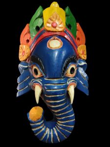 Handmade Wooden Mask Of Ganesh, Painted Blue 