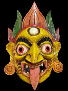 Handmade Wooden Mask Of Kali, Painted Yellow 