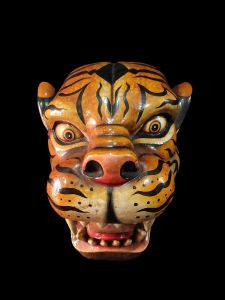 Handmade Wooden Mask Of Tiger Head, Painted yellow 