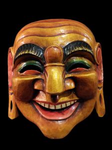 Handmade Wooden Mask Of Laughing Buddha, PaintedOrange 