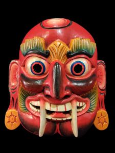 Handmade Wooden Mask Of Lakhey, Painted Red 