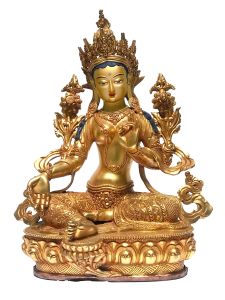  Monastery Quality Statue Of Green Tara, Fire Full Gold Plated , with Painted Face