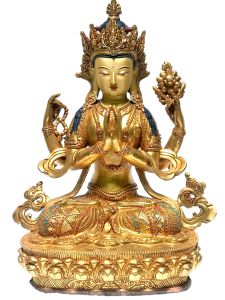  Monastery Quality Statue Of Chenrezig - kharcheri - Avalokitesvara, Fire Full Gold Plated , with Painted Face
