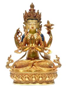  Monastery Quality Statue Of Chenrezig - Avalokiteshvara - Khercheri , Fire Full Gold Plated , with Painted Face
