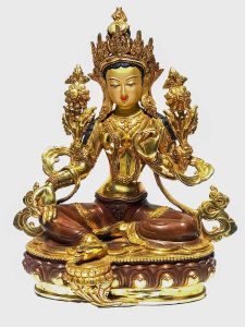 Monastery Quality Statue Of Green Tara, Partly Gold Plated , with Painted Face